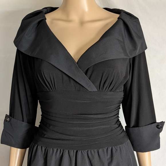 Eliza J Fit And Flare Black Dress Portrait Collar V Neck Sz 8 Cuffed 3/4 Sleeves - Picture 3 of 8